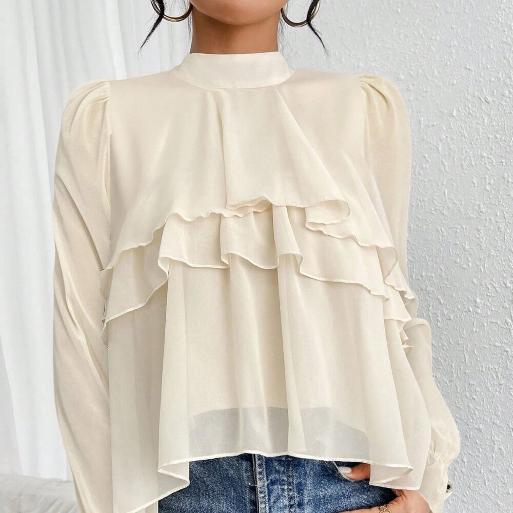 Apricot Casual Women's Loose Ruffled Chiffon Long-Sleeved Shirt Blouse - Picture 6 of 7